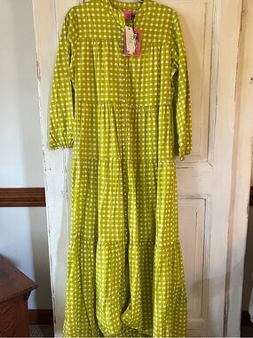 Women's Lime Check Maxi Dress - Bright Citron Green Gingham Tiered Dress